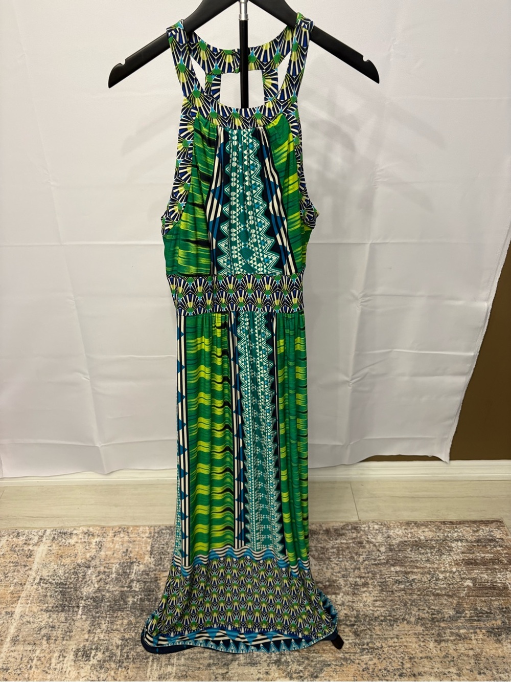 Ronni Nicole Green and Blue Patterned Halter Maxi Dress